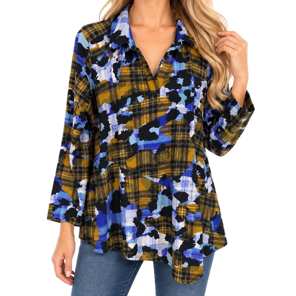 Attitudes by Renee 1XP Petite Stretchy Plaid Blue Yellow Fall Blouse Shirt Top